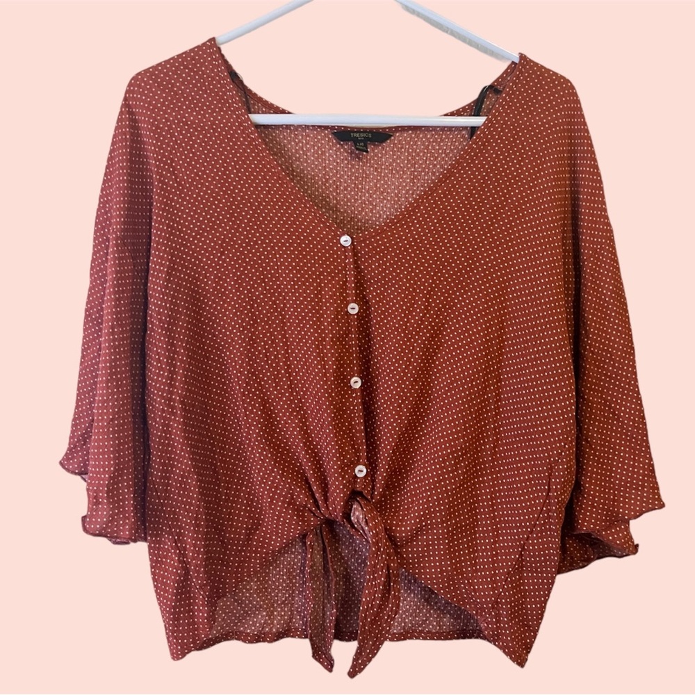 Trescis | Red Polka Dot Tie Front Bell Sleeve Blouse | Size Large